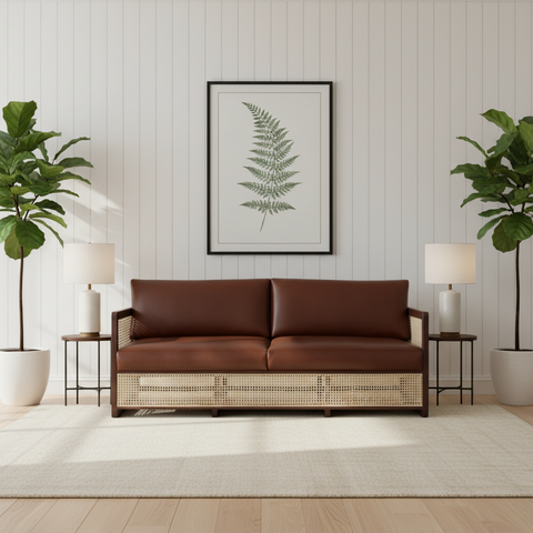 The Veda whiskey brown leather rattan sofa in a clean Scandinavian minimal living room lifestyle setting