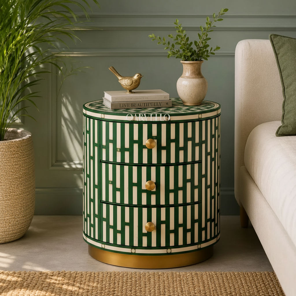 Emerald Lattice Bedside Chest in Green frame color