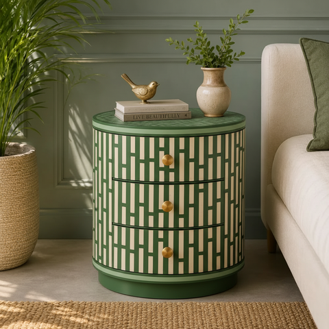 Emerald Lattice Bedside Chest in Sage green frame color