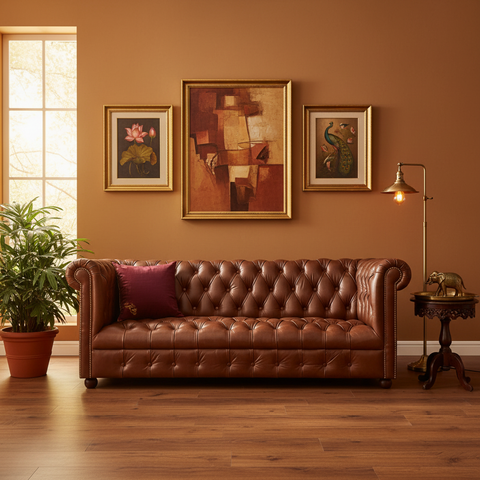 The Maharaja Chesterfield leather sofa styled in a warm Indian heritage living room