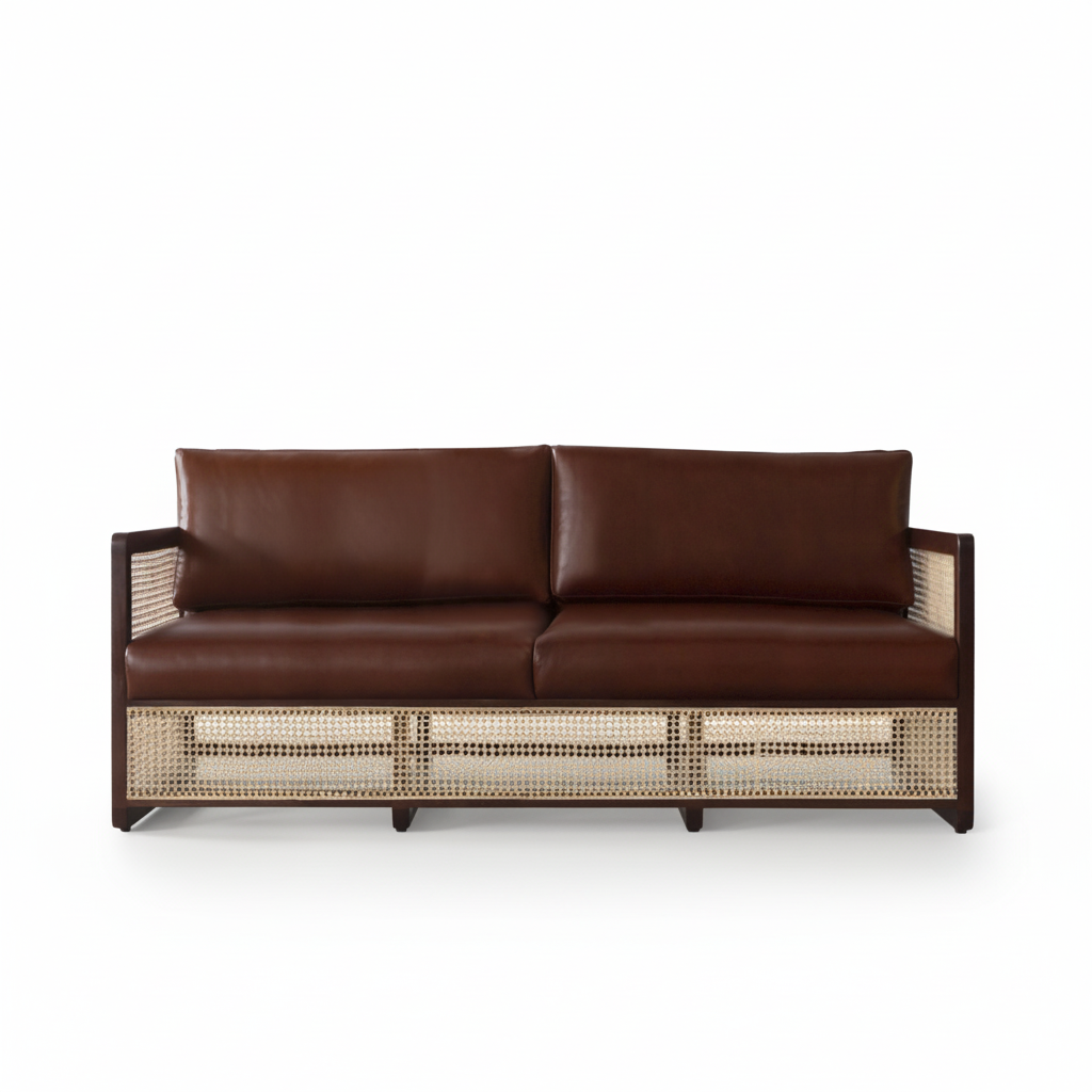 The Veda rattan leather sofa front view pure white background with shadow