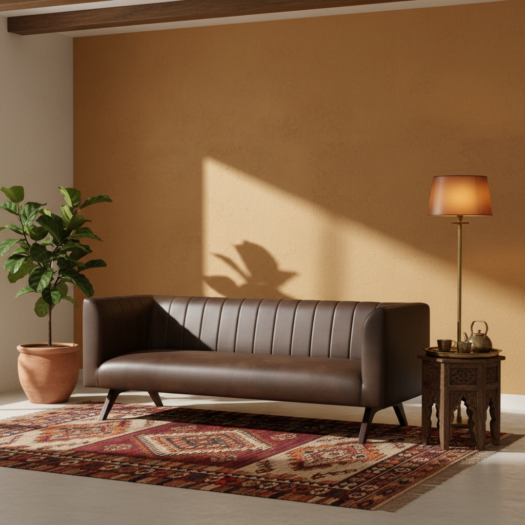 The Obsidian leather sofa styled in a warm Indian living room