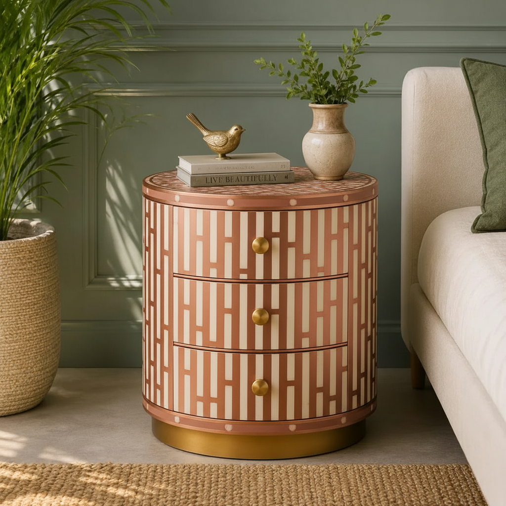 Emerald Lattice Bedside Chest in Rose gold frame color