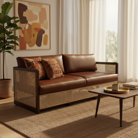 The Veda whiskey brown leather rattan sofa in a modern Indian luxury living room lifestyle setting