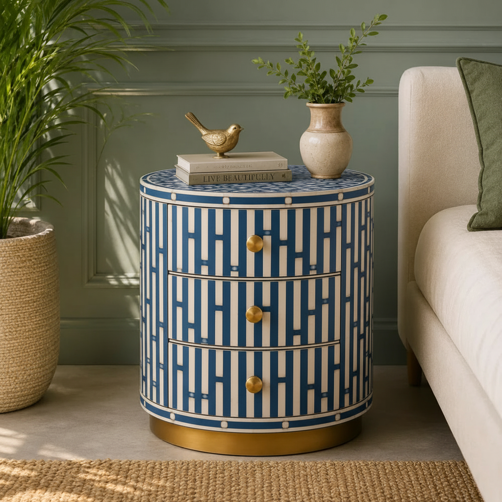 Emerald Lattice Bedside Chest in Blue frame color
