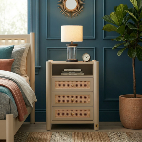 Elara Teak Wood Bedside Table | Luxury Bedroom Nightstand – Oakvello