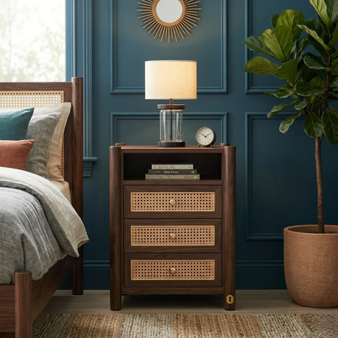 Elara Teak Wood Bedside Table | Luxury Bedroom Nightstand – Oakvello