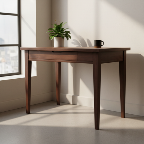 Minimalist Dark Walnut Study Table | Solid Wood Writing Desk with Drawer – Oakvello