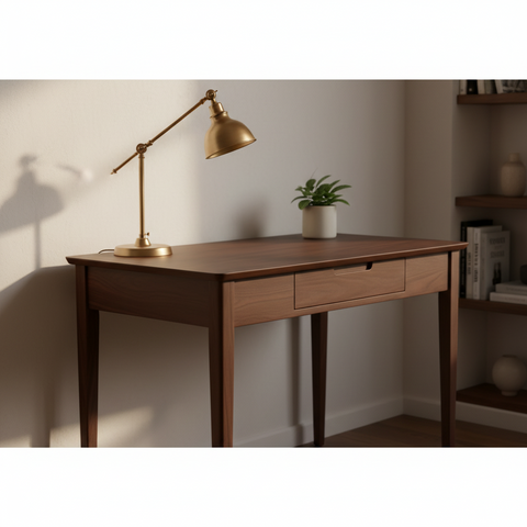 Minimalist Dark Walnut Study Table | Solid Wood Writing Desk with Drawer – Oakvello