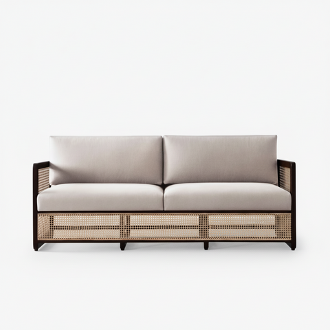 Veda Fabric Rattan Sofa | Walnut Wood Frame with Cane Weave – Oakvello