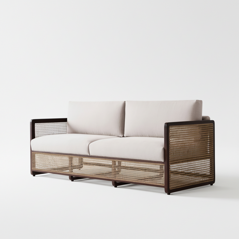 Veda Fabric Rattan Sofa | Walnut Wood Frame with Cane Weave – Oakvello