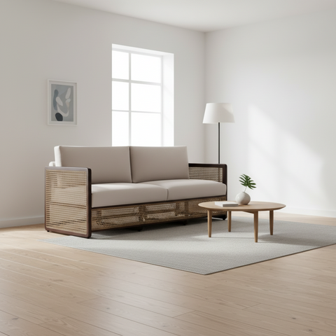 Veda Fabric Rattan Sofa | Walnut Wood Frame with Cane Weave – Oakvello