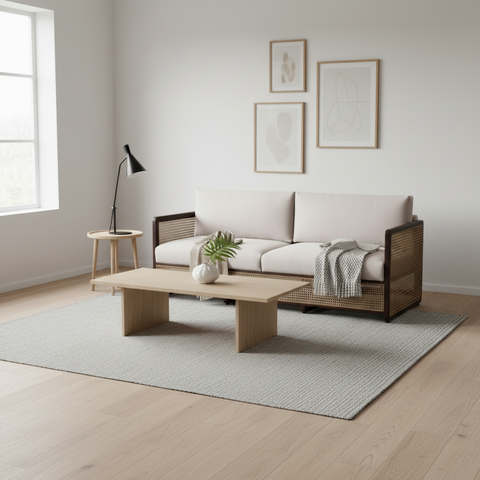 Veda Fabric Rattan Sofa | Walnut Wood Frame with Cane Weave – Oakvello