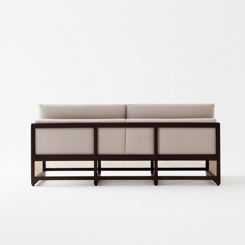 Veda Fabric Rattan Sofa | Walnut Wood Frame with Cane Weave – Oakvello