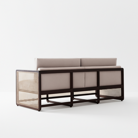 Veda Fabric Rattan Sofa | Walnut Wood Frame with Cane Weave – Oakvello