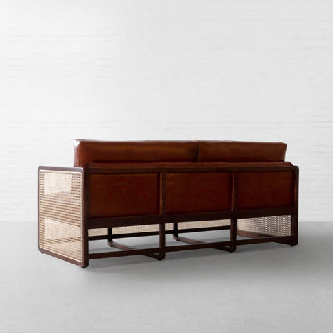 The Veda — Whiskey Brown Leather & Rattan 3-Seater Sofa | Handcrafted