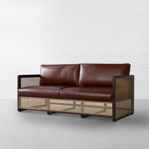 The Veda — Whiskey Brown Leather & Rattan 3-Seater Sofa | Handcrafted