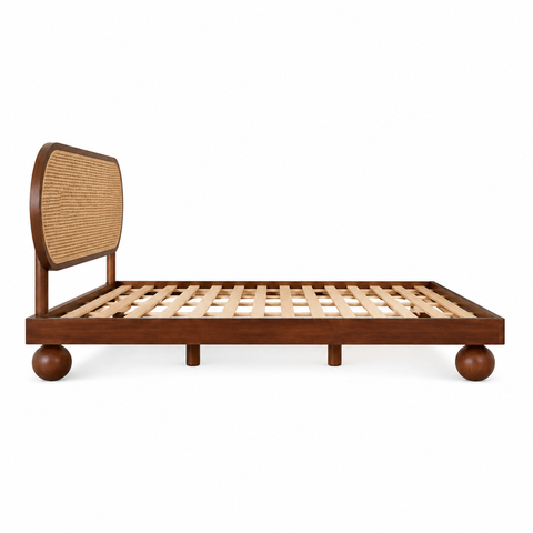 Pebble Rattan Bed | Mango Wood & Oval Cane Headboard Platform Bed | Oakvello