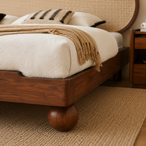Pebble Rattan Bed | Mango Wood & Oval Cane Headboard Platform Bed | Oakvello
