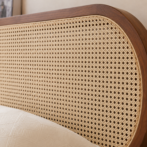 Pebble Rattan Bed | Mango Wood & Oval Cane Headboard Platform Bed | Oakvello