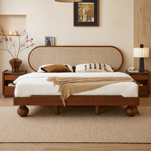 Pebble Rattan Bed | Mango Wood & Oval Cane Headboard Platform Bed | Oakvello