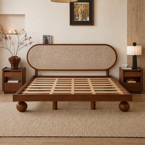 Pebble Rattan Bed | Mango Wood & Oval Cane Headboard Platform Bed | Oakvello
